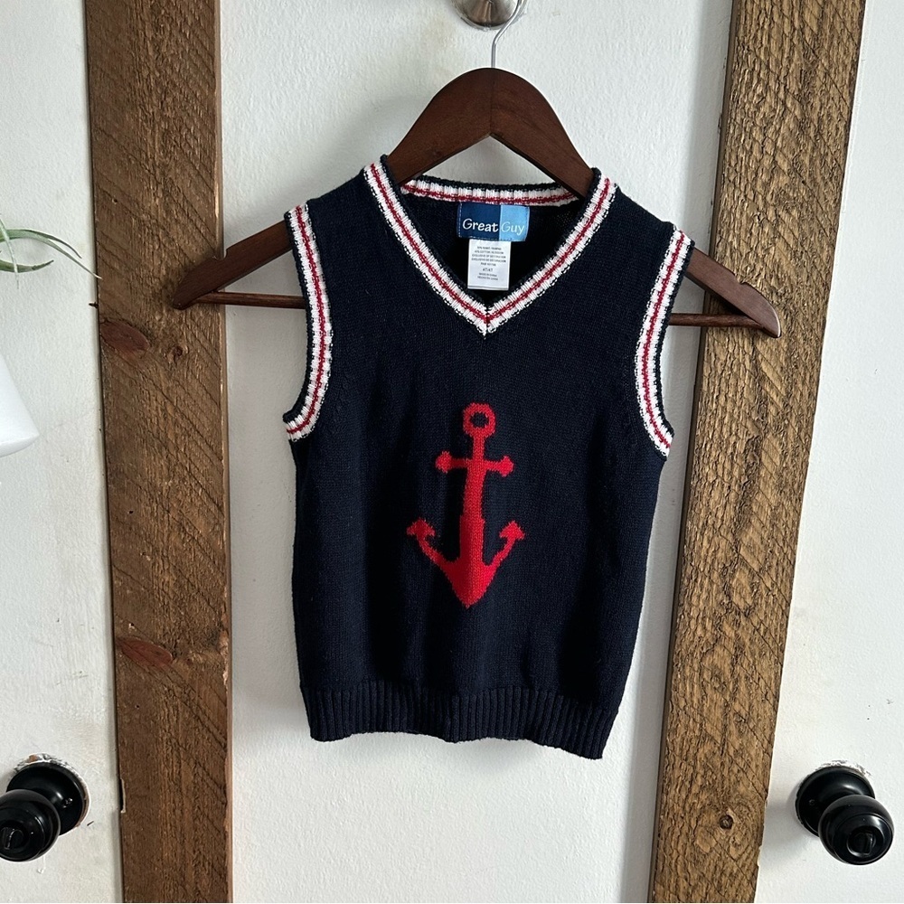 Vintage Great Guy 4T Boy Nautical Navy Blue Red White Anchor Sweater Vest